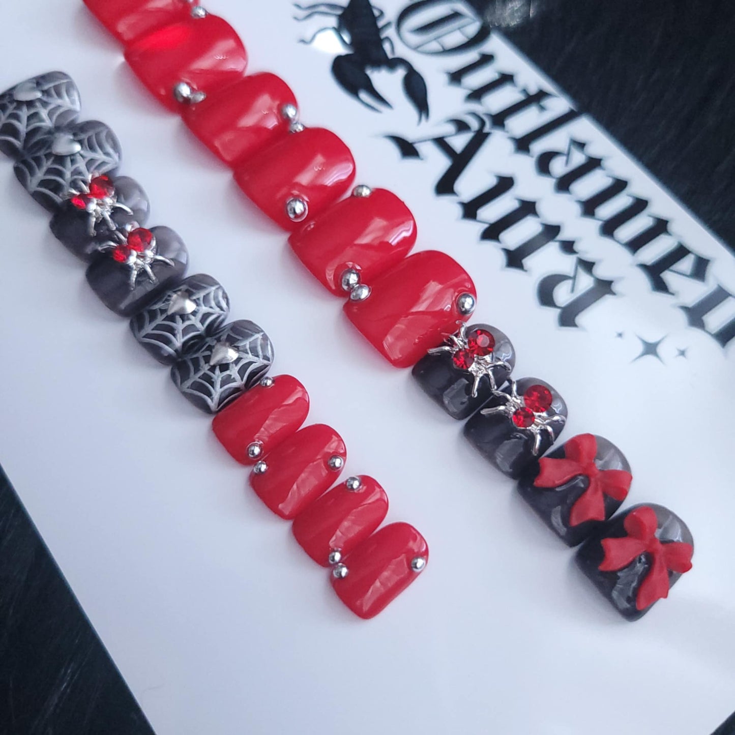 Black, Red, Silver Spiders, Halloween Nails, Spooky Nails
