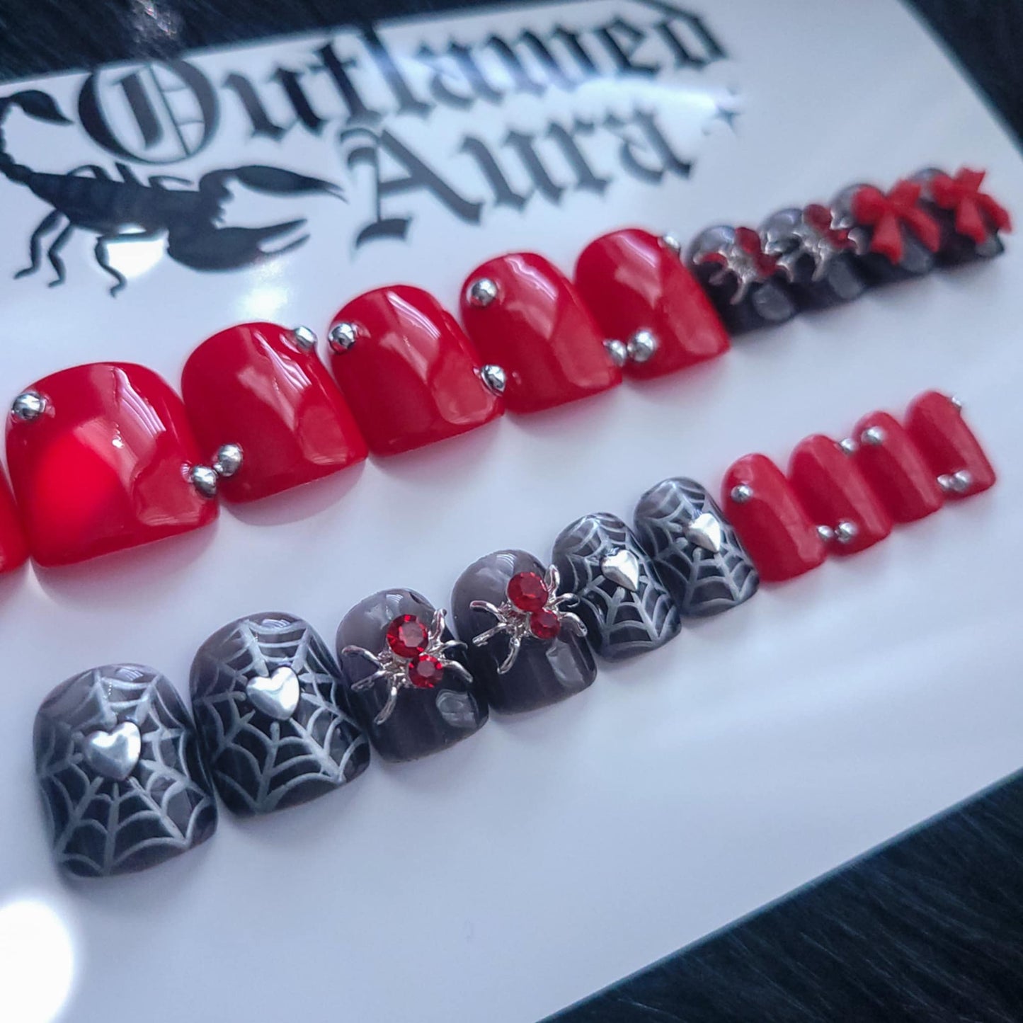 Black, Red, Silver Spiders, Halloween Nails, Spooky Nails