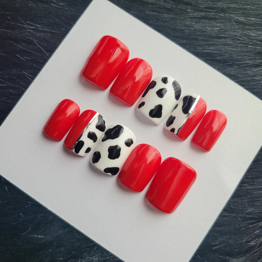 Red Nails, Cow Print, Western Nails