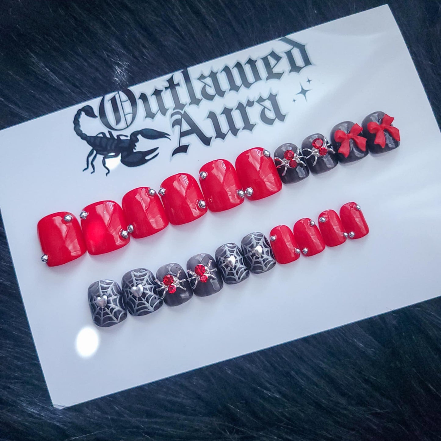 Black, Red, Silver Spiders, Halloween Nails, Spooky Nails